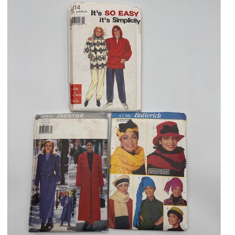 Outerwear Sewing Pattern 3 Lot Butterick Coat Simplicity Fleece Hat Scarf Easy